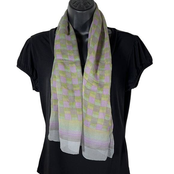 Vintage Echo Scarf, Sheer Green and Purple Plaid, Long Rectangle Retro - Picture 3 of 6